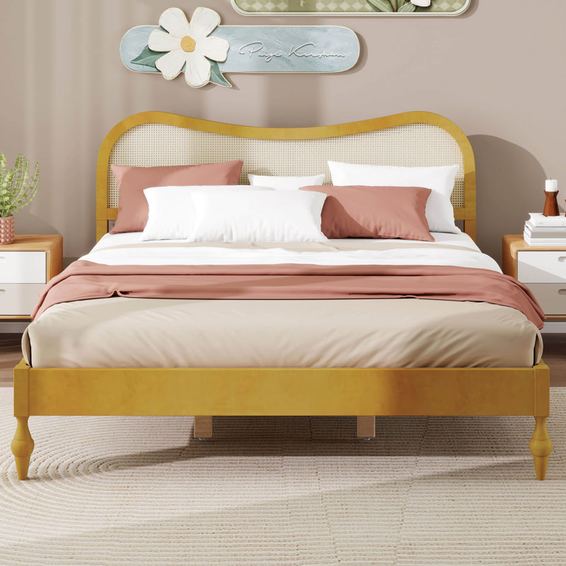 Structure de lit plateforme avec tête de lit courbée en rotin, lit en rotin pour chambre à coucher, aucun sommier nécessaire