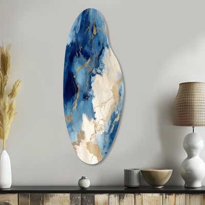 «Blue and Gold Marble Clouds X - Fractals», décoration murale asymétrique en métal, impression d'art en métal incurvé bleu