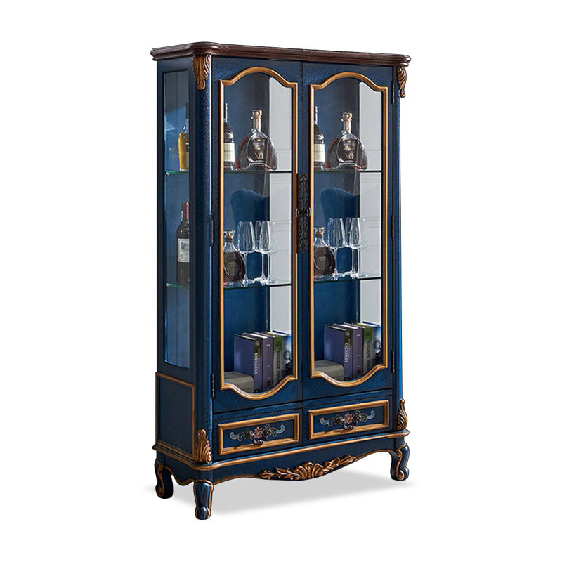 Bleu massif + bois manufacturé + vitrines, Bleu