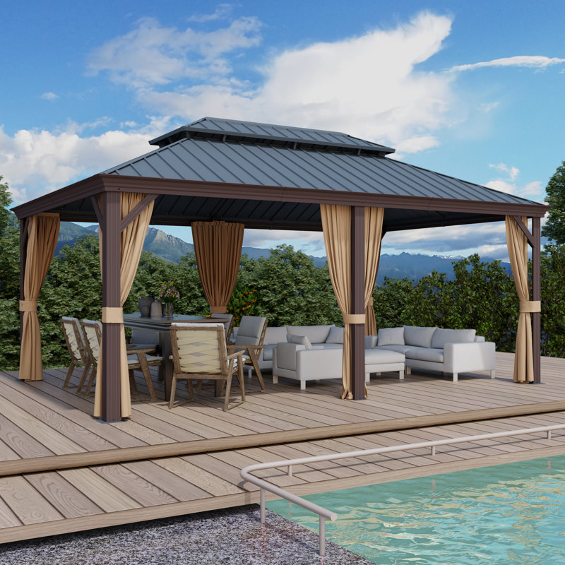 12 x 18ft Hardtop Patio Gazebo with Aluminum Frame and Galvanized Steel Double Roof, Mosquito Netting and Privacy Curtains