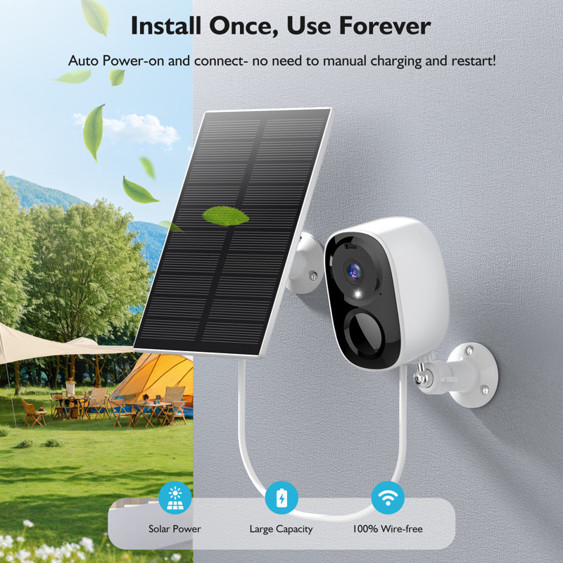 Solar Wireless Ip Home Camera Wifi HD 2K 3Mp Resolution Supports Battery Power, IP66 Waterproof And Artificial Intelligence Motion Detection.