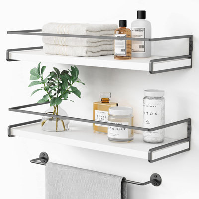 Étagères de salle de bain flottantes murales, tablettes esthétiques pour accessoires de salle de bain, organisateur de salle de bain moderne avec barre de tour pour petits espaces de rangement décoratifs muraux, ensemble de 2
