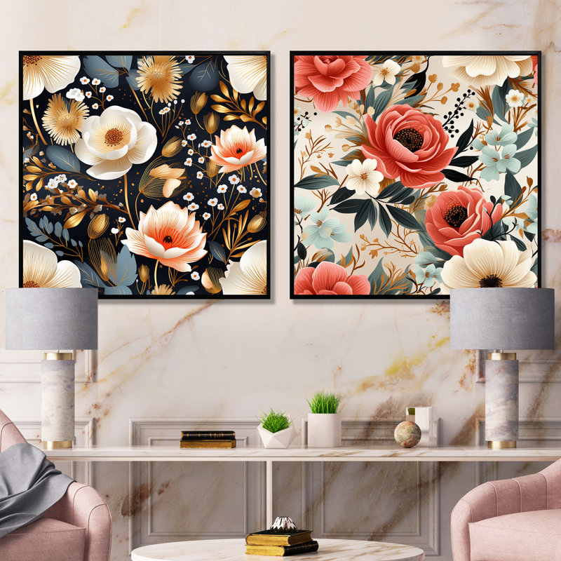 Baconton - ensemble de 2 impressions sur toile florales, Cadre noir, H 36 po x l 73 po x P 1,5 po