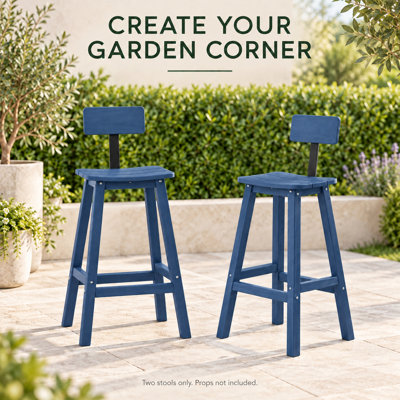 Ensemble de 2 tabourets de bar avec dossier, 74 cm (29 pouces), pour îlot de cuisine ou bar, aspect bois texturé bleu, siège et repose-pieds incurvés, gain de place pour intérieur et extérieur.