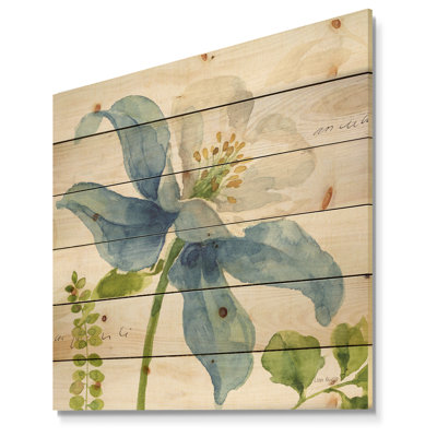 Fleur sauvage bleue avec fougères - impression de chalet et de chalet sur bois de pin naturel