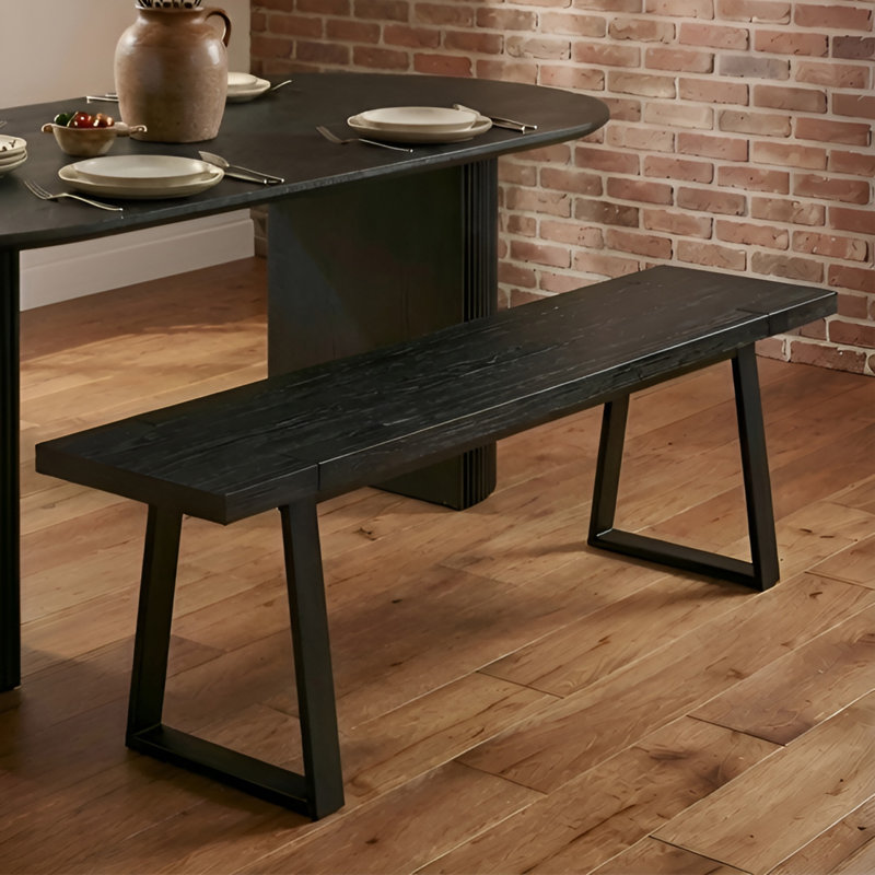 Leira Modern Wood Bench 60” Industrial Table Benches with Black Metal Legs for Dining Room, Porch, Black