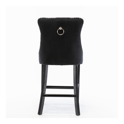 Tabourets de bar contemporains rembourrés en velours avec décoration capitonnée à boutons et pieds en bois, garniture cloutée en chrome, chaises de bar style loisirs, tabourets de bar, ensemble de 2