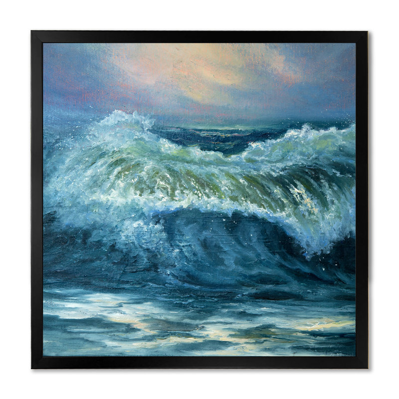 Vagues de l'océan bleu sauvage - XIXe, Toile avec cadre noir, H 16 po x l 16 po x P 1 po