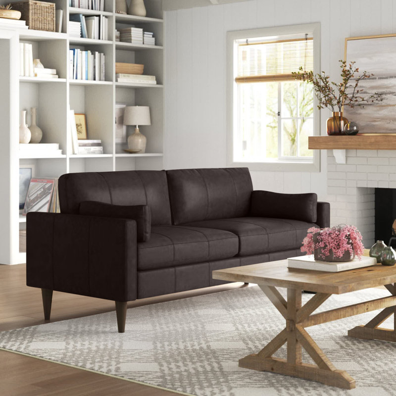 Canapé en cuir 81 po Viveros, Cuir véritable brun foncé, Espresso