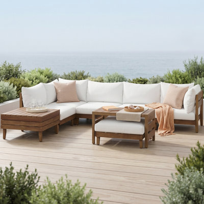 Ensemble de canapé d'extérieur en bois d'acacia 8 pièces, ensemble de meubles modulaires modulaires avec table de rangement, table basse et coussins pour la cour, la piscine, l'intérieur et l'extérieur, beige