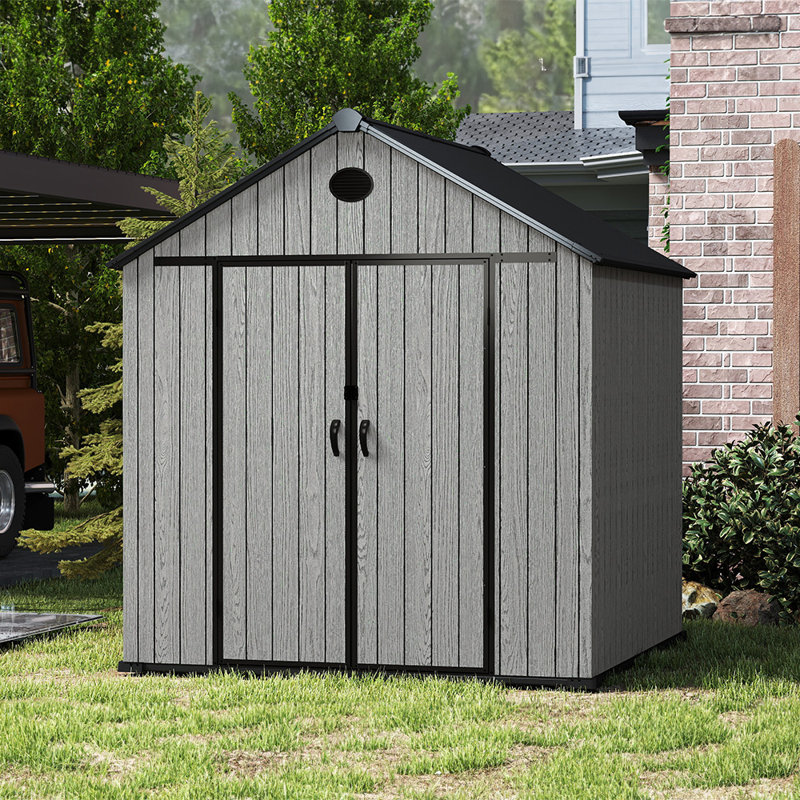 Gray wood-grain pointed-roof plastic tool shed