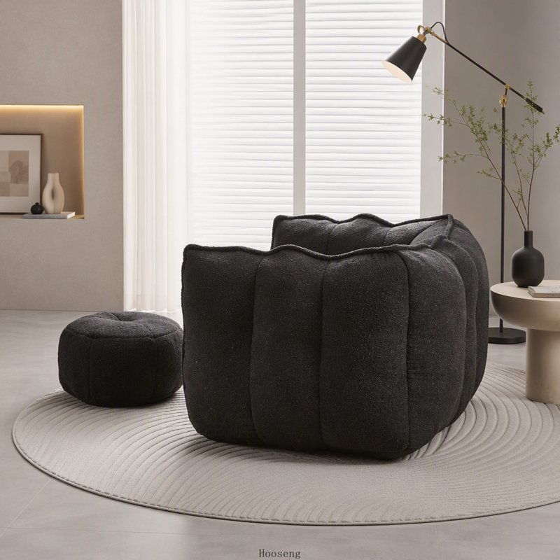 Pouf carré moelleux avec repose-pieds et mousse haute résilience pour jouer, lire et regarder la télévision, Chenille noir