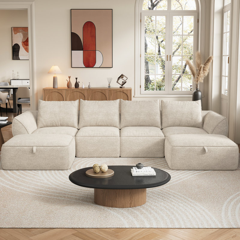 132" Modular Sectional Sofa with Deep Seat, U-Shaped Cloud Couch for Living Room, 4-Seater Compression Boneless Sofa with 2 Ottomans, Flexible Combination Modern Upholstery Sofa, No Assembly Required, Apricot