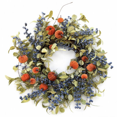 Couronne d'automne ronde en velours artificiel de 61 cm (24 po) avec mini citrouilles, baies, eucalyptus et vigne, idéale pour la porte d'entrée ou comme décoration murale intérieure pour Thanksgiving.
