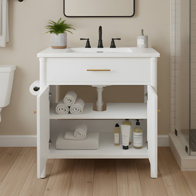 31" Bathroom Vanity With Ceramic Sink, Mdf Cabinet & Rubber Wood Legs, White
