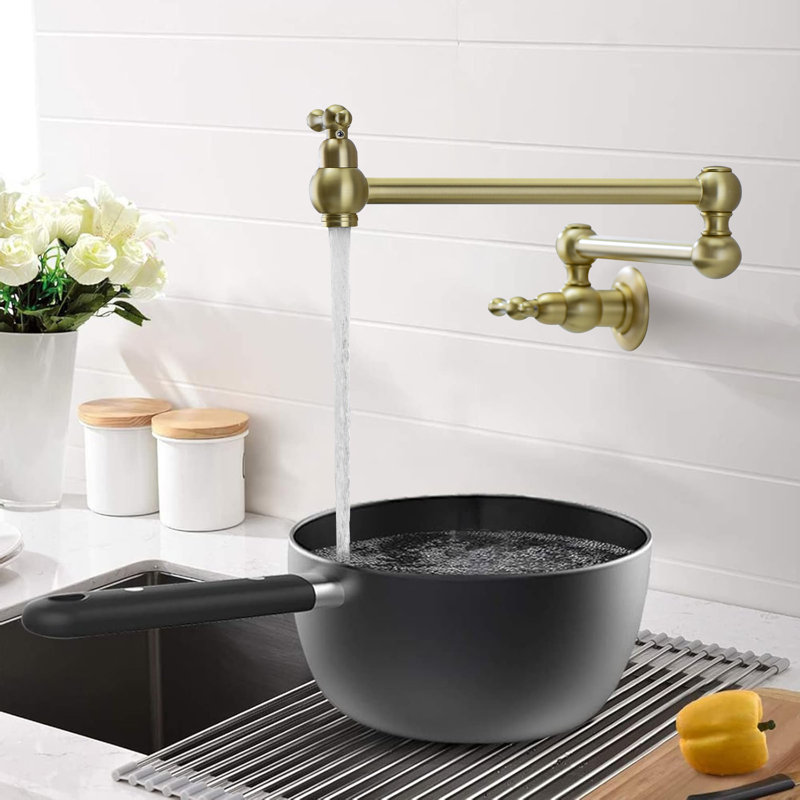 Wall Mounted Pot Filler Folding Kitchen Faucet Retractable Double Joint Swing Arm, Brushed Gold