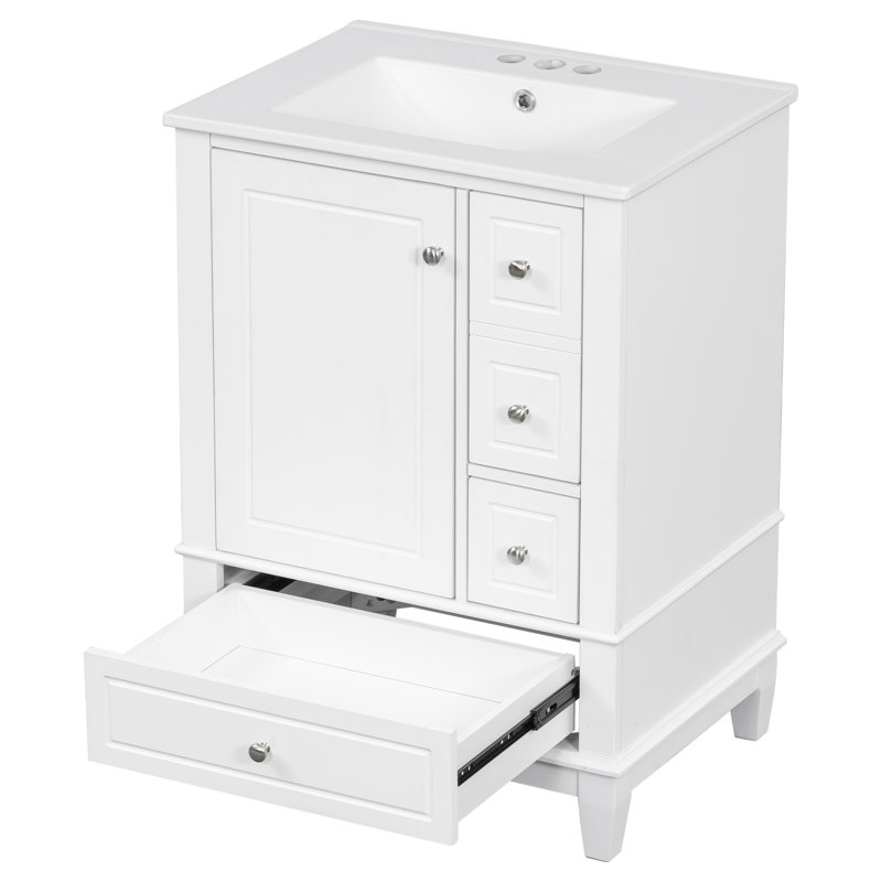 Meuble-lavabo 24 po avec lavabo et tiroirs, meuble-lavabo autoportant avec plateau en céramique et tablettes de rangement