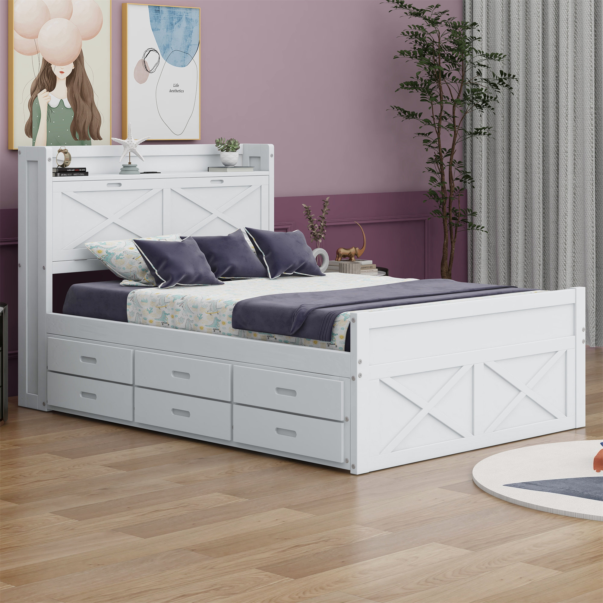 Gracie Oaks Bed With Storage Headboard With Outlets, Bed With Trundle ...