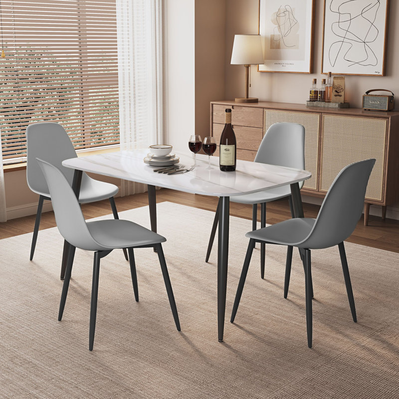 Aspen Gloss White Sintered Stone Rectangular Table and 4 Curve Plastic Chairs - Modern Dining Set, Grey