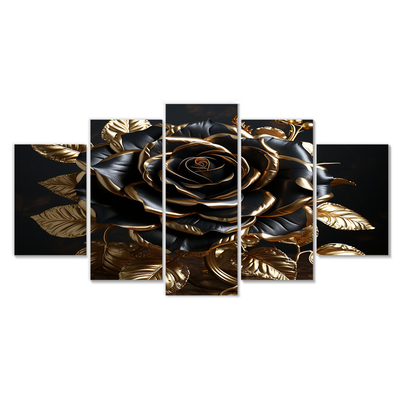 Ensemble de 5 pièces d'art mural noir doré doré et feuilles roses