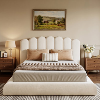 Velvet Upholstered Platform Bed With Scalloped Wavy Headboard, No Box Spring Required