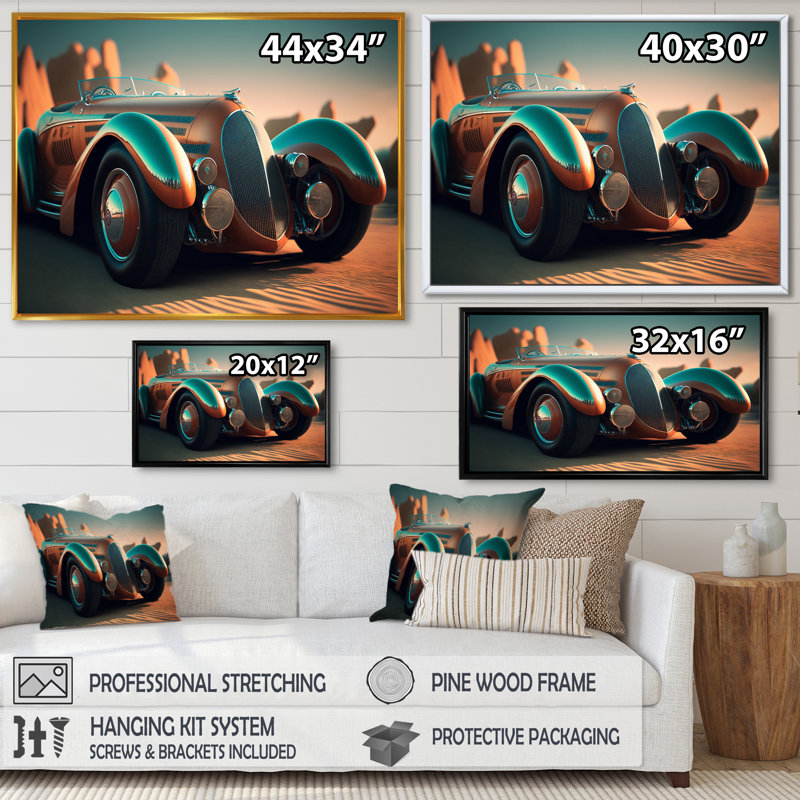 Gros plan d'une voiture rétro classique IV - reproduction sur toile, H 34 po x l 44 po x P 1,5 po, Cadre flottant doré