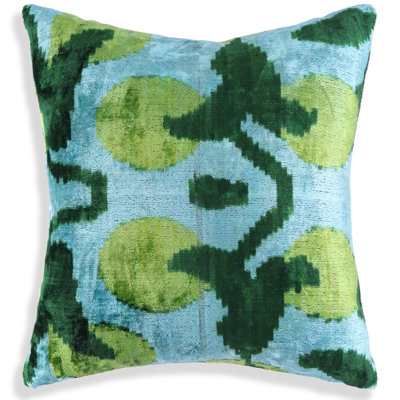 Coussin en velours vert et turquoise Ikat - 16 x 16 po | Soie de luxe faite à la main