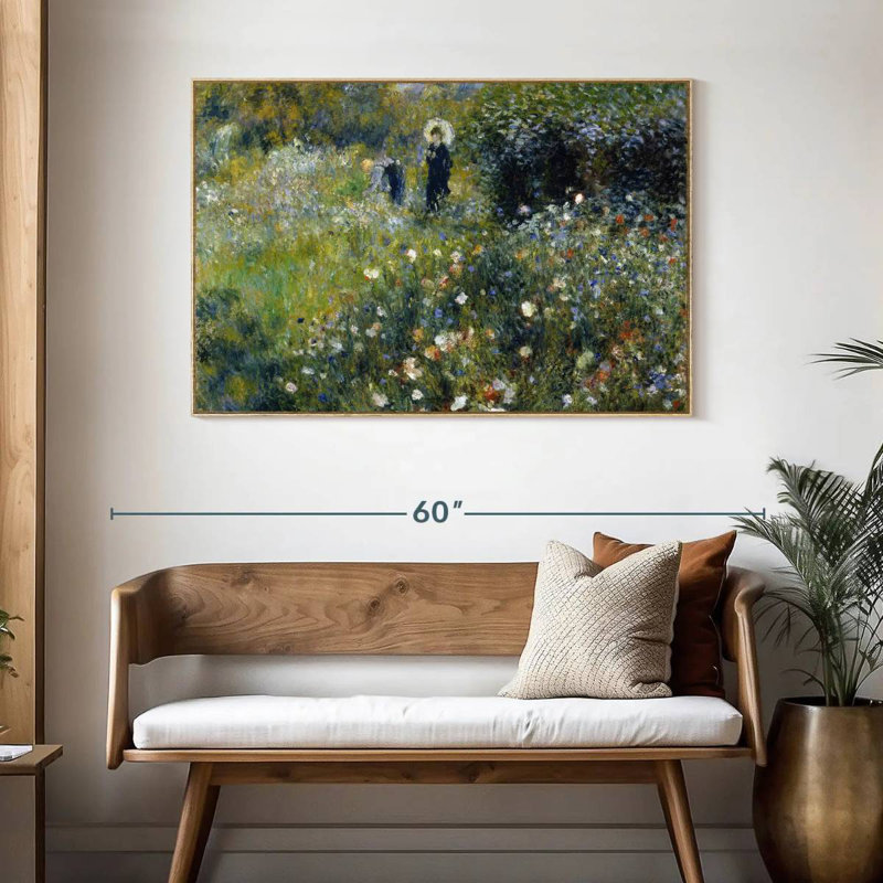 Femme avec un parasol dans un jardin, Cadre flottant en bois naturel, 46 po x 31 po