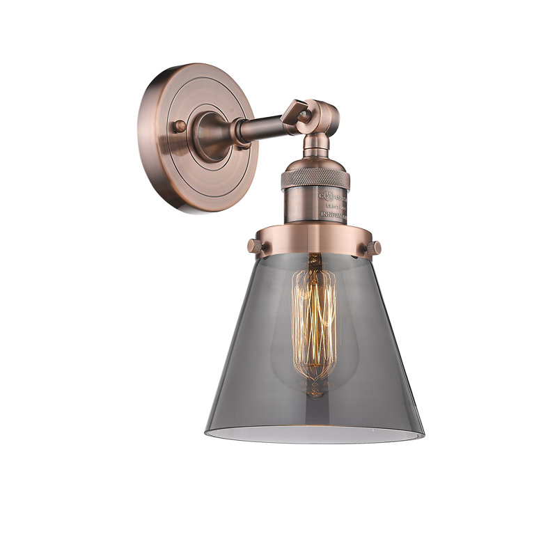 Cone 1 Light Sconce, 6 Watt Vinage LED Bulb, Smoked, Antique Copper