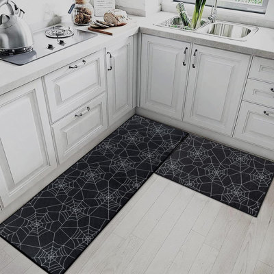 Halloween Spider Kitchen Rugs And Mats Non Skid Washable Set Of 2, Black Kitchen Mats For Floor, Autumn Night Spooky Holiday Celebrate Under Sink Kitchen Runner Rug