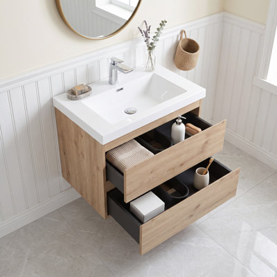 Meuble-lavabo mural de salle de bain de 76 cm (30 pouces) en bois fabriqué étanche avec lavabo intégré en résine, rangement à fermeture en douceur, entièrement préassemblé