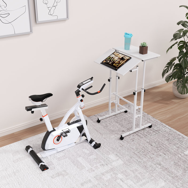 Oziel Mobile Computer Desk, Adjustable Height Laptop Standing Desk with Tilting Tabletop and Monitor Shelf, White