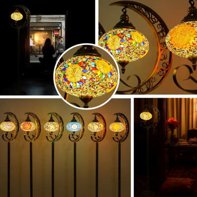 Handmade Turkish Bohemian Crescent Moon Floor Lamp With Stained Glass Shade And Bulb Included - 60Inch Metal Crescent Beam, Weighted Base For Stability, Boho For Living Room, Bedroom - Easy Assembly (Compatible With Plug)