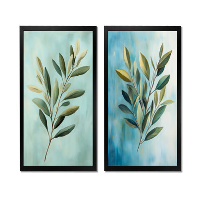 Feuilles ensoleillées sur fond bleu - Ensemble de 2 décorations murales de feuilles