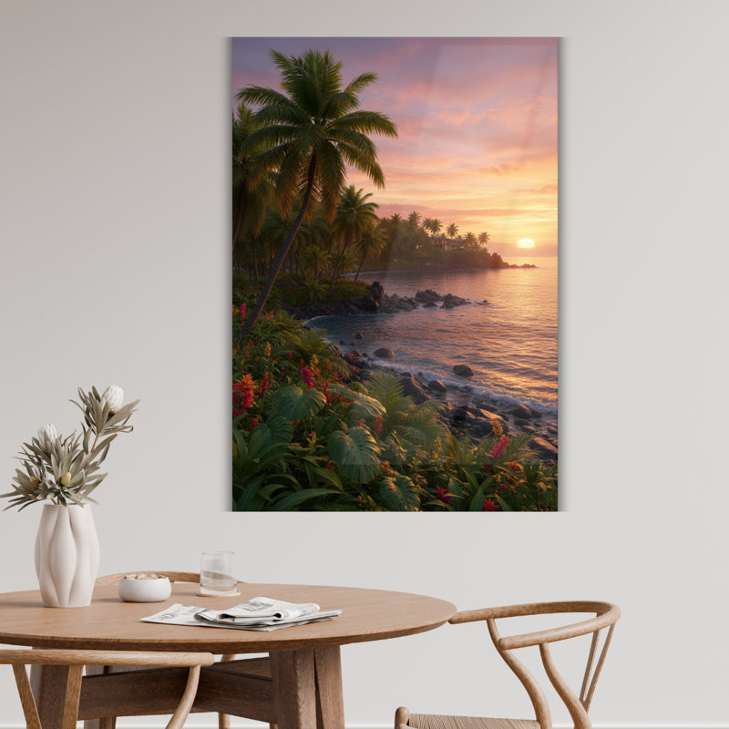Art mural en verre trempé Tropical Beach Sunset, H 12 po x l 8 po