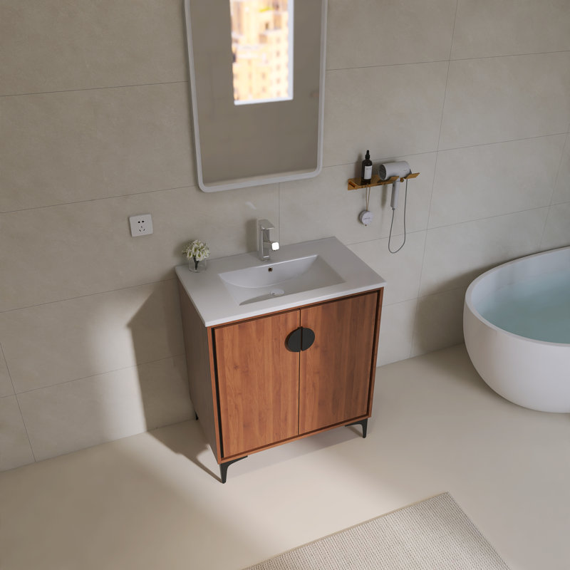  Lavabo de salle de bain simple autoportant 30 po Abelardo, lavabo en céramique blanche, 2 portes à fermeture douce, 30"