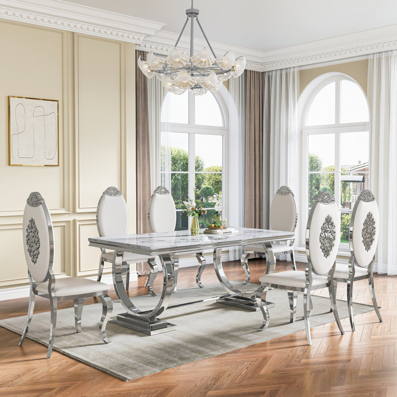69" Dining Table Set, Faux Marble Dining Table Set With High Backrest Dining Chairs, Modern Kitchen & Dining Room Sets
