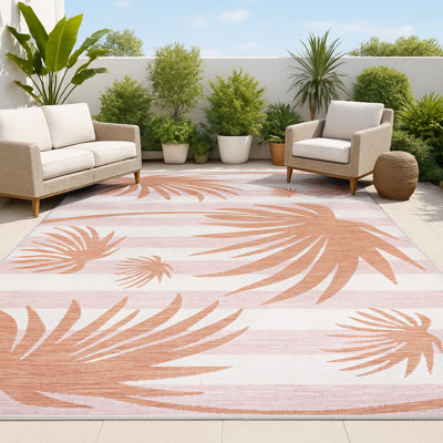 Conswello Classic Beach Stripe and Palm Leaf Pink/Cream Indoor/Outdoor Rug