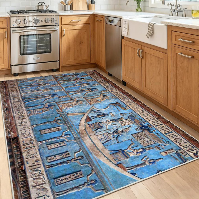 Blue Interior Walls Ancient Egyptian Egypt Wall Art Nile History Machine Washable Indoor Area Rug, Rectangle 55" x 79"
