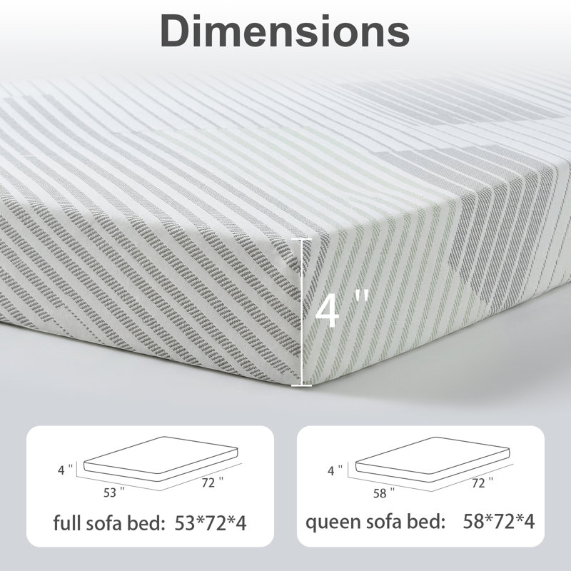 4 Inch Queen Size Memory Foam Mattress Topper For Sofa Bed, sleeper sofa bad replacement with Removable Zippered Cover Compressed Packing(Sofa NOT included)