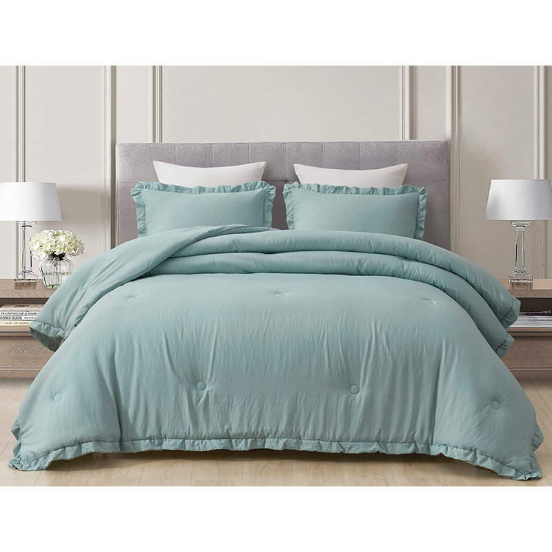 Nora Washed Microfiber Ruffled Comforter Set, Aqua, King Comforter + 2 King Shams