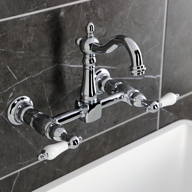 Kingston Brass Heritage Double-Handle 2-Hole Wall-Mount Bridge Kitchen Faucet, Polished Chrome