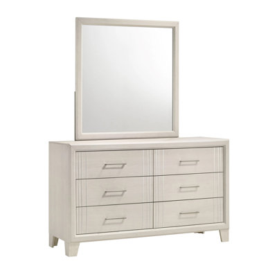 Ensemble de commode et miroir Charie, 6 tiroirs spacieux, pieds fuselés, bois blanc