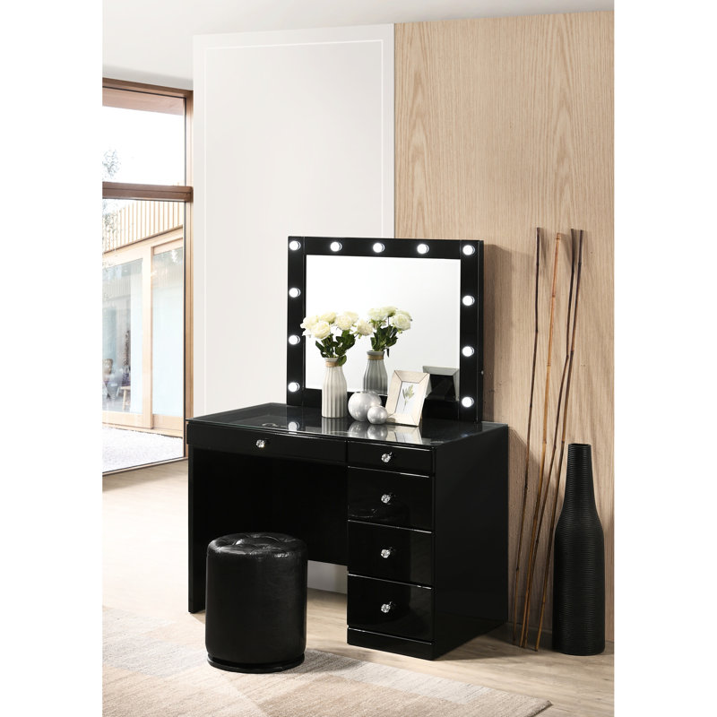 Black Makeup Vanity Table With 5 Drawers, Glass Top For Bedroom Setup Style Use, Black
