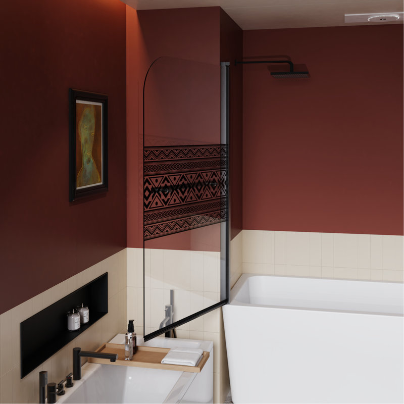 Bohemian Pattern Bathtub Shower Door, 32 In Wide, 55 High, 1/4 Inch Thick, Black Finish, Functional Stainless Steel Accessories, 180 - Degree Turn Screen For Bathtub, Wide X Thick Tempered Glass,