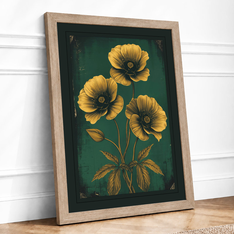 Golden Blooms Study Botanical - Framed Print, A4 - 29.7 x 21.0 cm, Oak