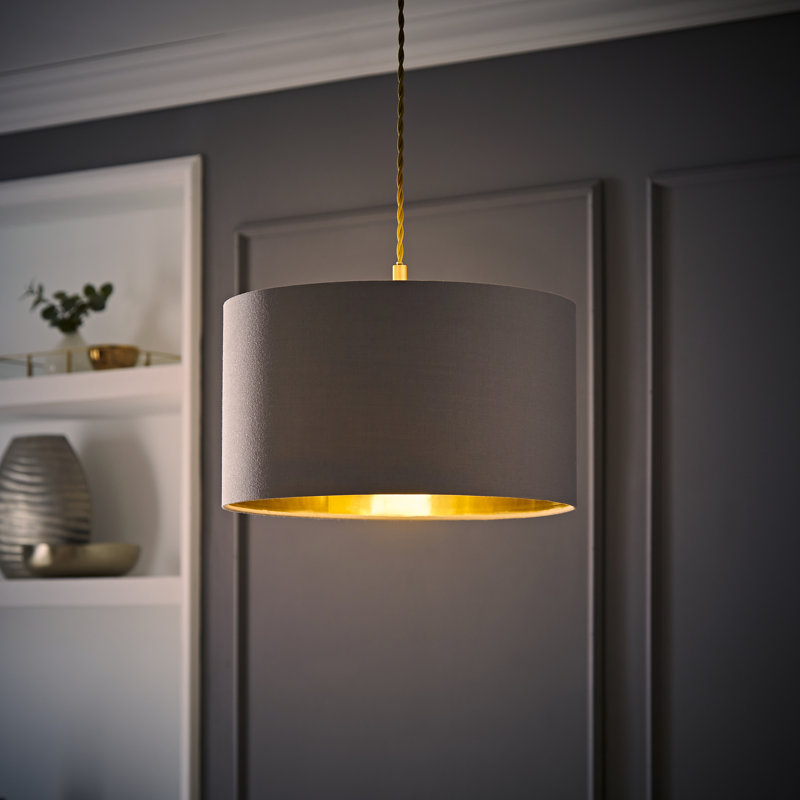 20cm H Cotton Drum Pendant Shade ( Uno ), Grey/Gold