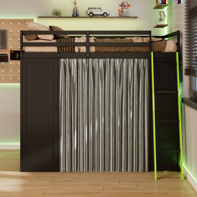 Lit mezzanine en bois avec garde-robe, tablettes et lumières RVB
