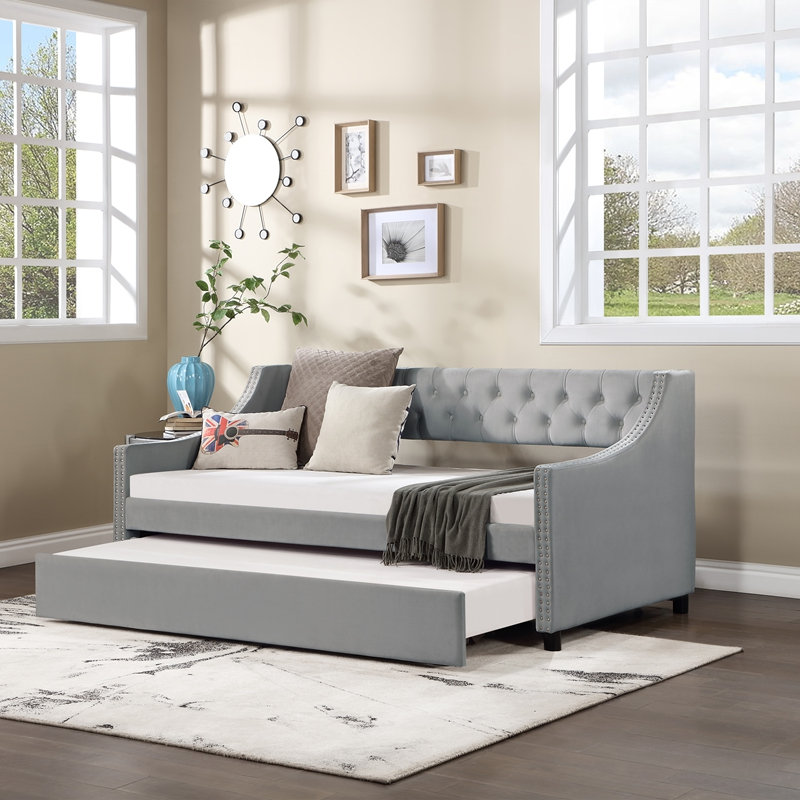Daybed with Trundle Upholstered Tufted Sofa Bed, with Button and Copper Nail on Arms, Gray, Full/Double