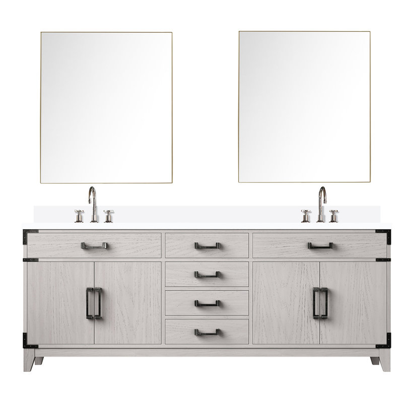 80 po W Meuble-lavabo en chêne blanc, surface en quartz poli, robinet, 36 miroirs, plateau et